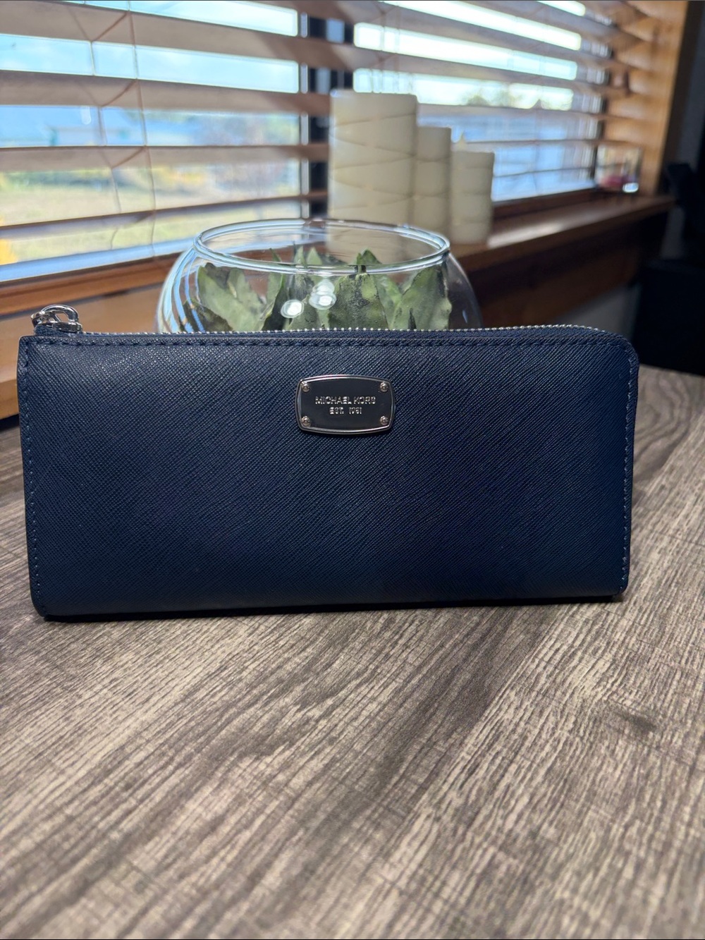 Michael Kors Navy Saffiano Zip Wallet with Silver Plaque